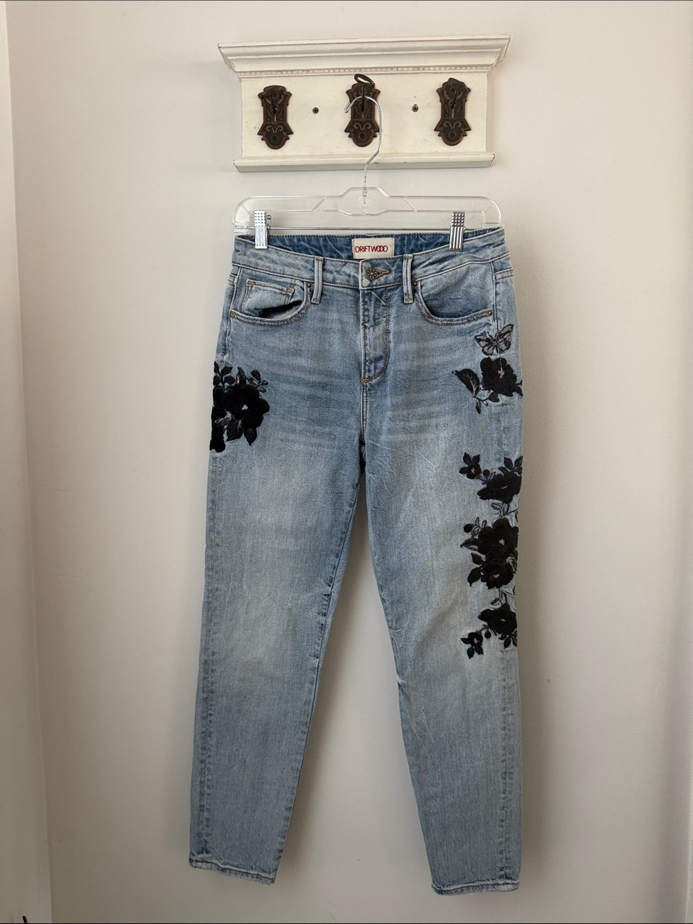 DRIFTWOOD Gizelle Light Wash Straight Leg Jeans with Black Floral Embroidery
